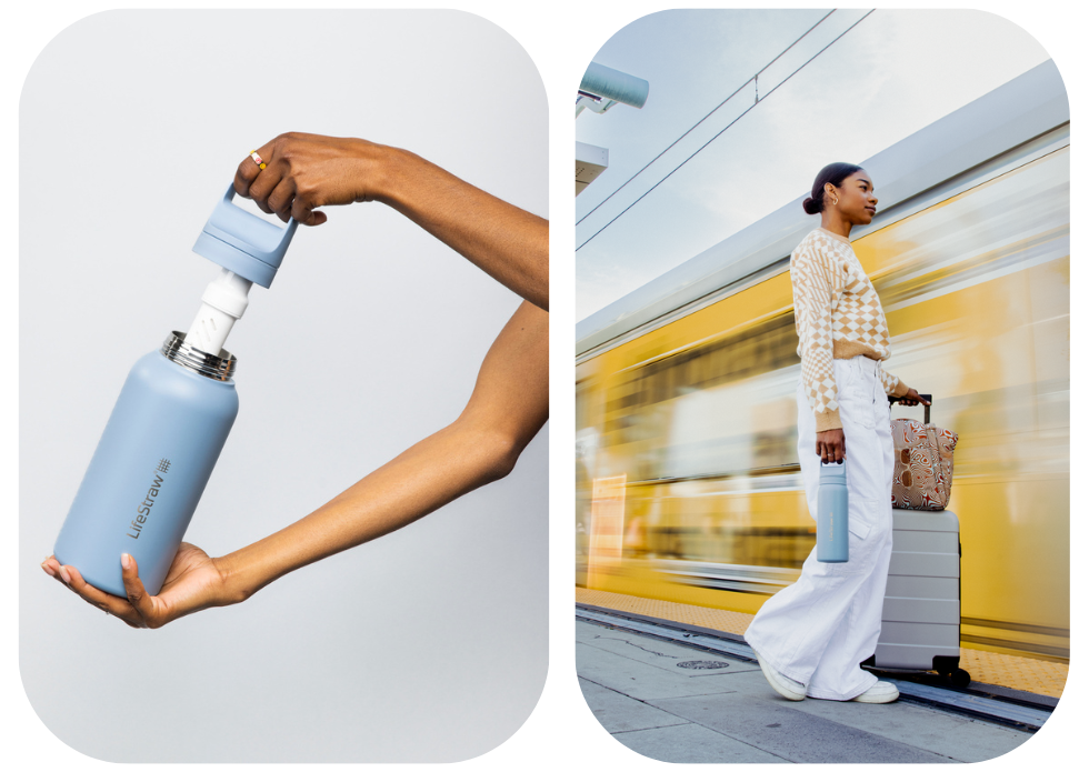 Błękitna butelka LifeStraw Go Steel 1L w&nbsp;podróży